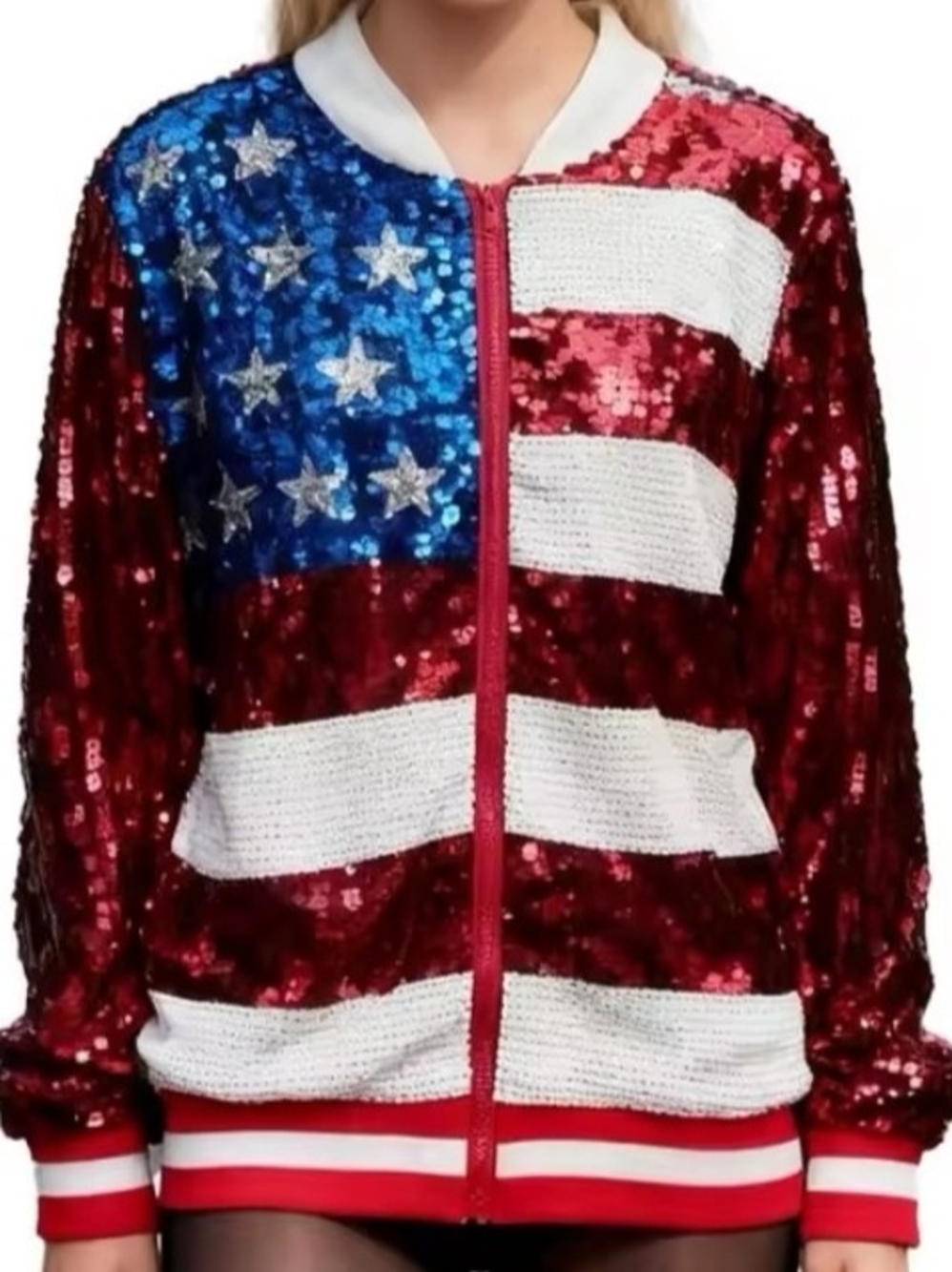 Sequined American Flag Bomber Jacket - Red, White & Blue - Picture 5 of 6